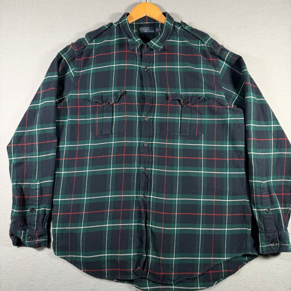 Polo Ralph Lauren Mens XXL Green Plaid Flannel Button Down Shirt Italy Epaulets